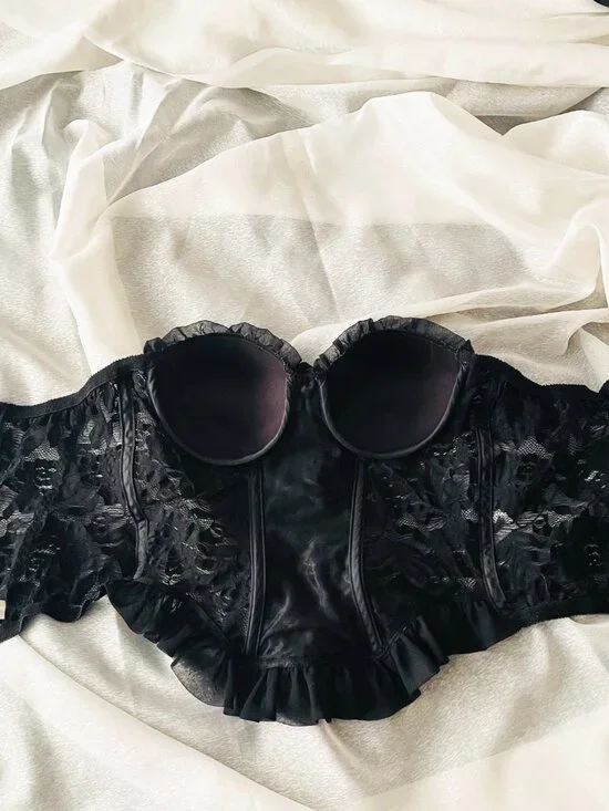 Rare: Vintage Christian Dior Black Lace + Chiffon Rose Detail Bustier - Size 34B - Picture 8 of 11